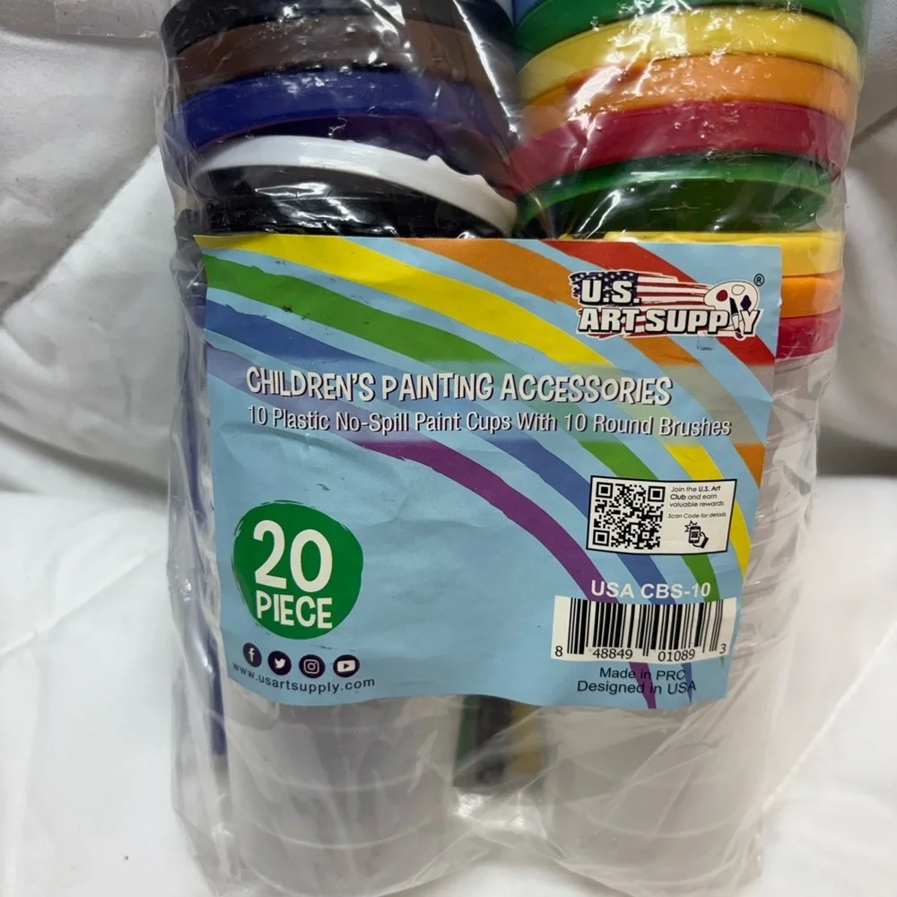 20 piece Colorful Paint Set 10 Plastic No-Spill Paint Cups With 10 Round Brushes - Picture 3 of 3